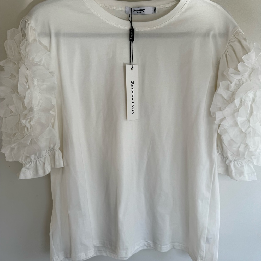 White Ruffle Sleeve Top Large NWT